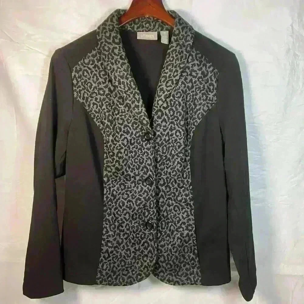 Chicos Leopard Print Panel Blazer Black Grey Button Front Jacket Size‎ 2 Large